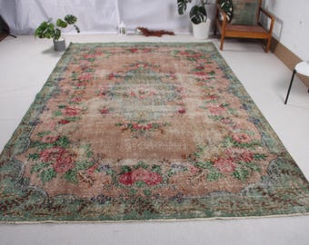 Vintage türkische Bereich Teppich, Blumenmuster, Distressed Pink und Grün, 7 x 10 ft, Wohnkultur Teppich