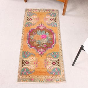 Vintage Rug, 2x4 Small Rugs, Turkish Rug, Oushak Rug, Rugs For Entry, 1.5x3.5 ft Yellow Rug, Hand-Knotted Wool Area Rug, Small Door Mat,