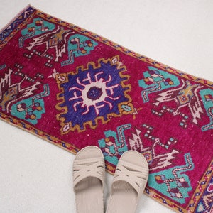 Small Rugs, Turkish Rug, Vintage Rug, Oushak Rug, Rugs For Wall Hanging, 1.5x3.1 ft Purple Rug, Door Mat Rugs, Small Woven Rug,  421