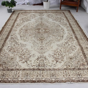 Vintage Turkish Area Rug, 7x10ft, Elegant Floral Design, Beige and Brown, Traditional Home Décor, Antique Style Carpet