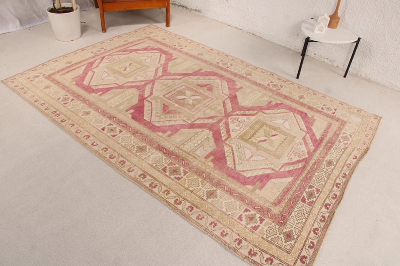 Turkish Abstract Rugs Vintage 5.1x7.6 Ft Rug, Oushak Turkish Rug, Beige Abstract Rug Wool ...