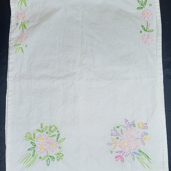 Hand Embroidered Floral Table Runner/Dresser Scarf 34-1/2" X 14"