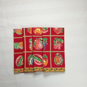 Mixed Fruit Red with Yellow Edge Napkins 100% Cotton Made in India NOS Set of 4