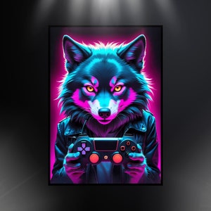Prezent dla chłopaka dla gracza Prezent dla gracza Plakat do druku Wilk Sztuka ścienna dla gier Wystrój pokoju chłopca