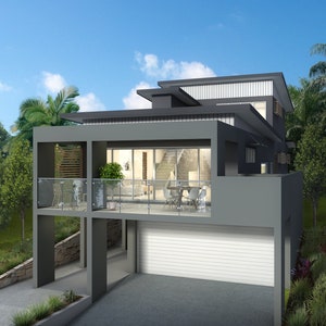 5 bedroom Modern House Design - Dimensioned floor plan & external elevation drawings only. 8.35m wide x 24.66m deep