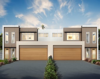 May include: A modern, two-story, tan and white townhouse with two garage doors. The garage doors are wood-toned and have a horizontal slat design. The townhouse has a driveway and a small lawn in front.