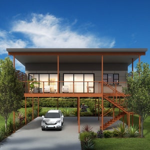 2 bedroom Granny Flat Design -  Dimensioned floor plan & external elevation drawings only. 11.01m wide x 11.22m deep