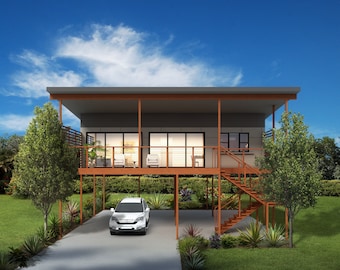 2 bedroom Granny Flat Design -  Dimensioned floor plan & external elevation drawings only. 11.01m wide x 11.22m deep