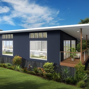 1 bedroom Granny Flat Design -  Dimensioned floor plan & external elevation drawings only. 7.5m wide x 12.5m deep