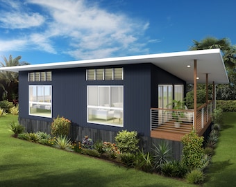 1 bedroom Granny Flat Design -  Dimensioned floor plan & external elevation drawings only. 7.5m wide x 12.5m deep