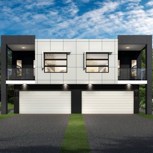 Modern Duplex Design - Dimensioned floor plan & external elevation drawings. 13.67m wide x 23.53m deep
