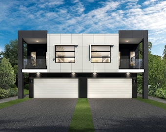 May include: A modern, two-story, white and black duplex with two garage doors and two balconies.