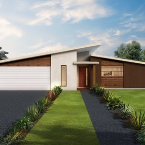 4 bedroom Modern House Design - Dimensioned floor plan & external elevation drawings only. 16.90m wide x 18.41m deep