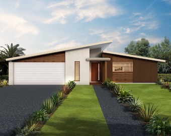 Modern 4 Bedroom House Plan: Dimensioned Floor Plan & Elevation Drawings