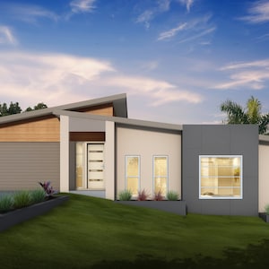 4 bedroom Modern House Design - Dimensioned floor plan & external elevation drawings only. 16.27m wide x 17.80m deep