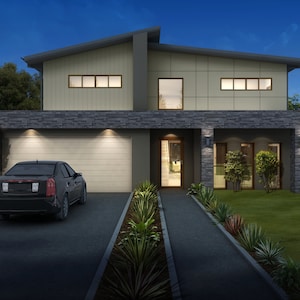 4 bedroom Modern House Design - Dimensioned floor plan & external elevation drawings only. 14.12m wide x 19.85m deep