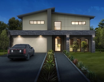 Modern 4 Bedroom House Plan: Dimensioned Floor Plan & Elevation Drawings