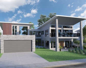 May include: A modern two-story house with a gray exterior, a stone facade, and a large garage door. The house has a balcony with a glass railing and a covered patio area.