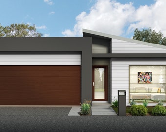 May include: A modern, single-storey house with a white exterior, a brown garage door, and a grey roof. The house has a large window on the right side, and a door on the left side. There is a small mailbox in front of the house.