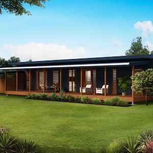 2 bedroom Granny Flat Design - Dimensioned floor plan & external elevation drawings only. 17.0m wide x 6.0m deep