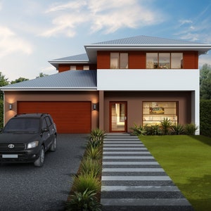 4 bedroom traditional House Design - Dimensioned floor plan & external elevation drawings only. 12.28m wide x 18.96m deep