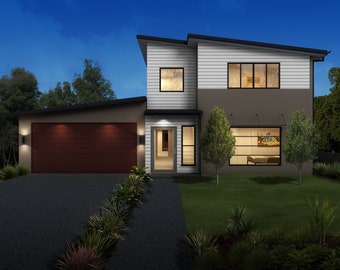 Modern 4 Bedroom House Plan: Dimensioned Floor Plan & Elevation