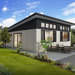 2 bedroom Granny Flat Design - Dimensioned floor plan & external elevation drawings only. 6.76m wide x 8.92m deep