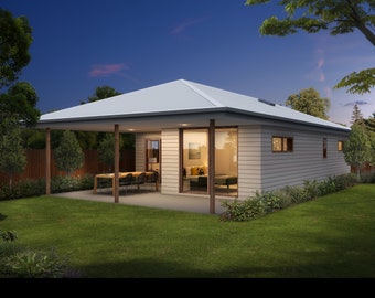 2 bedroom Granny Flat Design - Dimensioned floor plan & external elevation drawings only. 15.9m wide x 7.59m deep