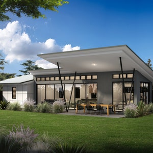 1 bedroom Granny Flat Design -  Dimensioned floor plan & external elevation drawings only. 7.99m wide x 14.95m deep