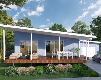 2 bedroom Granny Flat Design - Dimensioned floor plan & external elevation drawings only. 15.0m wide x 10.95m deep