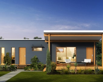 1 bedroom Granny Flat Design -  Dimensioned floor plan & external elevation drawings only. 12.0m wide x 6.8m deep