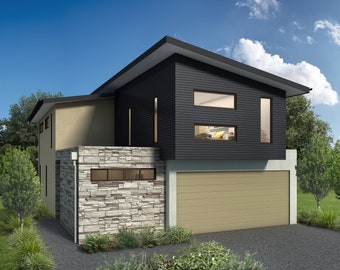 Modern 4 Bedroom House Plan: Dimensioned Floor Plan & Elevations