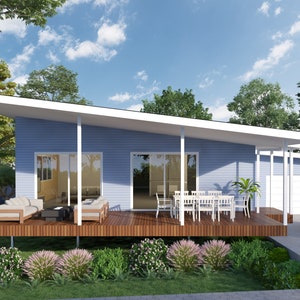 3 bedroom Modern House Design - Dimensioned floor plan & external elevation drawings only. 15.0m wide x 13.7m deep