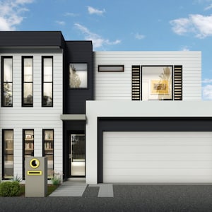 3 bedroom Modern House Design - Dimensioned floor plan & external elevation drawings. 10.37m wide x 13.59m deep