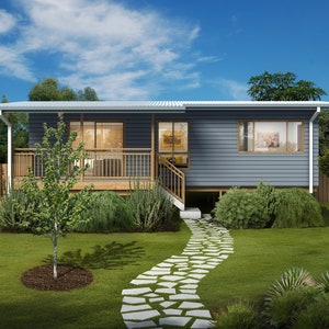 2 bedroom Granny Flat Design -  Dimensioned floor plan & external elevation drawings only. 10.5m wide x 8.4m deep