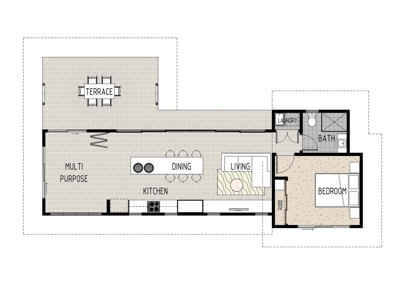 1 Bedroom Granny Flat Design Dimensioned Floor Plan (7.99m X 14.95m — free download