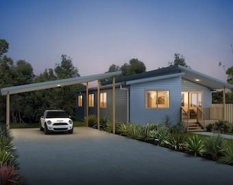 3 Bedroom House Design: Dimensioned Floor Plan & Elevation (Drawings Only)