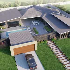 Modern huisontwerp met 4 slaapkamers - Alleen plattegrond en externe aanzichttekeningen. 28,69 m breed x 30,82 m diep