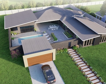 Plano de casa moderna de 4 dormitorios: plano de planta y elevación acotados