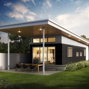 1 bedroom Granny Flat Design -  Dimensioned floor plan & external elevation drawings only. 5.98m wide x 14.26m deep