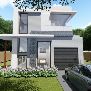 3 bedroom Modern House Design - Dimensioned floor plan & external elevation drawings. 8.47m wide x 19.17m deep