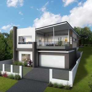 5 bedroom Modern House Design - Dimensioned floor plan & external elevation drawings only. 11.40m wide x 29.53m deep