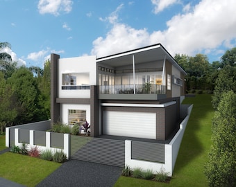 Modern huisontwerp met 5 slaapkamers: plattegrond en hoogtetekeningen