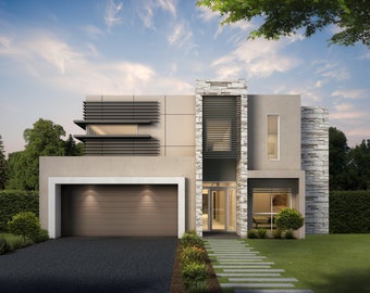 5 bedroom Modern House Design - Dimensioned floor plan & external elevation drawings only. 23.93m wide x 12.64m deep