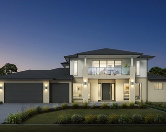 4 bedroom traditional House Design - Dimensioned floor plan & external elevation drawings only. 21.89m wide x 15.28m deep