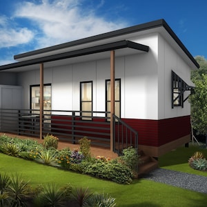 1 bedroom Granny Flat Design -  Dimensioned floor plan & external elevation drawings only. 8.1m wide x 4.6m deep