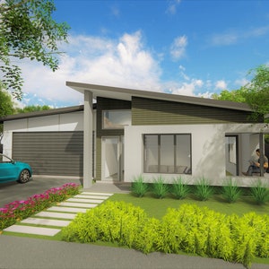 4 bedroom Modern House Design - Dimensioned floor plan & external elevation drawings only. 13.25m wide x 30.74m deep