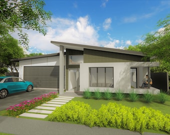 Modern 4 Bedroom House Plan: Dimensioned Floor Plan & Elevation (Drawings Only)