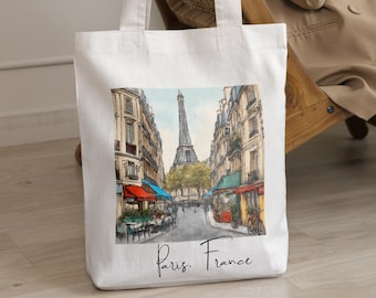 Eiffel Tower Paris France Cotton Canvas Tote Bag, Reusable bag, Travel tote bag, Tourist bag, Work bag, gift for Vacationer, gift for her