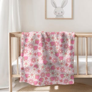 Strawberry Baby Blanket, Soft Pink Fleece Baby Blanket, Strawberry, Flower, and Butterfly Design for Nursery or Baby Shower Gift, new baby